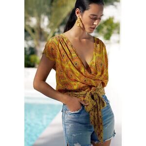 Anthropologie Maeve Cap Sleeved Wrap Front Blouse Size Large V Neck Summer